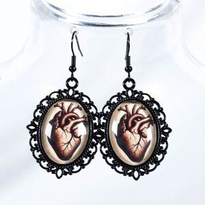 The Crimson Pulse Gothic Victorian Anatomical Heart Earrings Black Metal Cameo